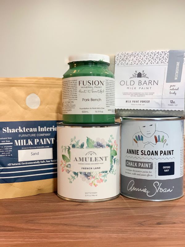 Recommended paint lines for Refinisher's Gift Guide. Milk paint, annie sloan chalk paint, fusion mineral paint, amulent ceramic based paint