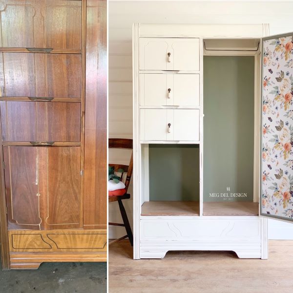to prepare furniture for paint you may have to use creative solutions for repairs. this armoire is a before and after of a broken door turned open shelving.