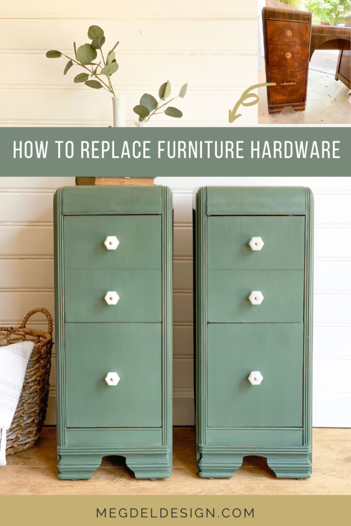 Learn how to move, reposition, or replace furniture hardware easily, like changing handles out for knobs on these nightstands for big furniture makeover! This guide teaches you how to remove, fill old hardware holes, measure and drill new hardware holes for a gorgeous transformation. 