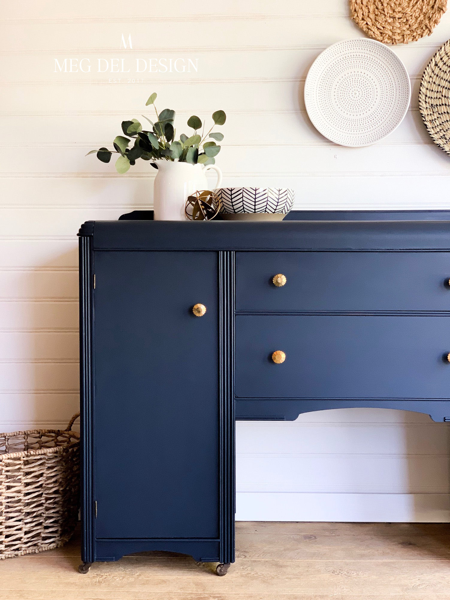 learn how to replace furniture hardware like changing handles out for knobs like this blue buffet