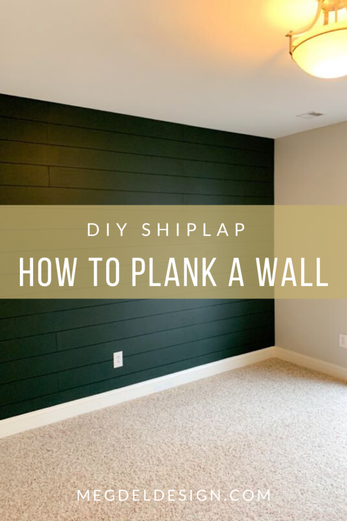 Learn how to easily plank a wall (DIY faux shiplap) for a bedroom feature wall! We did a plank wall for our nursery focal wall. This guide outlines how to choose your shiplap material, how to cut down shiplap planks, how to attach planks to drywall, all the way to the painting your shiplap wall! We love the dark green accent wall in this space and the farmhouse feel/farmhouse style. #megdeldesign #shiplapwall #plankwall #darkgreenwall #nurserydesign #nurserywall