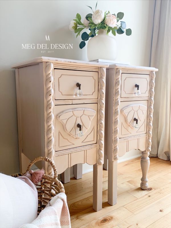 Beautifully painted end tables in a soft pastel pink after being cut down from a vanity.