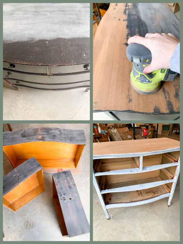 Prep scuff sanding, full top sanding, and first coat of BIN primer applied in process of how to apply a furniture transfer. Making sure your piece is clean and prepped before applying a transfer is key!