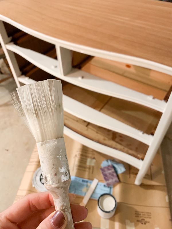 Applying my paint by hand using my Zibra fan brush. The color I chose was The Chippy Barn in Cottage White. This will be the base color for the transfer piece