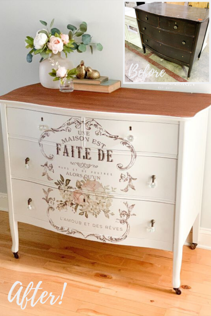 Before and after of a white painted dresser using The Chippy Barn Cottage White, lavendar scented wax, and Redesign with Prima Transfer. Learn how to do a furniture transfer with this step-by-step guide. 