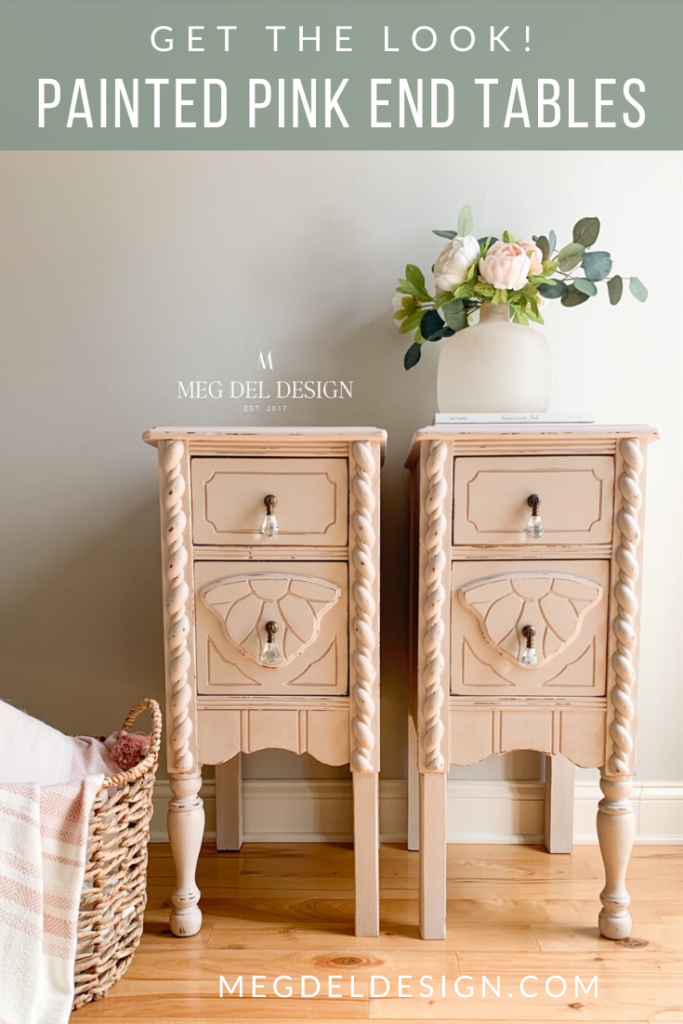 Get the look of these Spring-inspired pink painted end tables using this simple step-by-step guide! From a vanity to unique nightstands, they're painted in a dusty, muted pink perfect for a subtle feminine look that works beautifully with French county, vintage chic, and farmhouse style! #megdeldesign #paintedfurniture #pinkfurniture #vanitytoendtables #thechippybarn