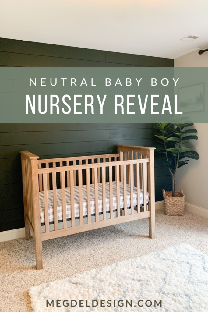 Our baby boy nursery reveal is here! This neutral nursery is mixed with white, grey, and wood accents – plus a dark green shiplap accent wall! I share all the nursery essentials we gathered for our baby boy, including a driftwood-look crib, a comfortable nursery chair, a white changing table with storage, and more! It’s a modern farmhouse nursery style, that is classic and will grow with our babe! #megdeldesign #babyboynursery #neutralnursery #modernfarmhouse