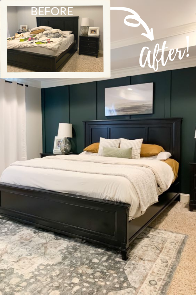 Before and after! Another angle of full reveal of relaxing master bedroom with green focal wall, landscape art, cream parachute duvet cover, glass bedside lamps, white curtains, and vintage style rug.